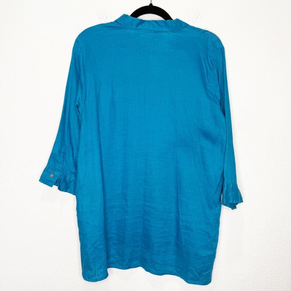 J. Jill Love Linen Tahitian Teal Popover Button Tunic Top Blouse - Picture 6 of 10